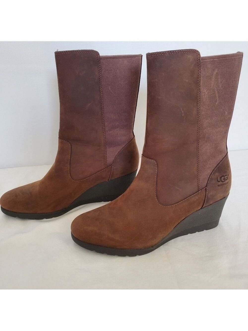 UGG 'CORALINE' BOOTS WATERPROOF NUBUCK LEATHER WEDGE HEEL BROWN WOMENS (8.5)